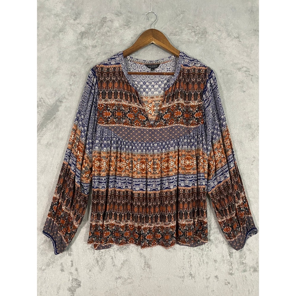 Lucky Brand Blouse Womens XL Blue Orange Medallion  70s Style Peasant Boho